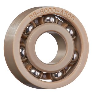 Rodamiento radial xiros®, xirodur A500, bolas de acero inoxidable, jaula de poliéter éter cetona (PEEK): ligeros y no metálicos